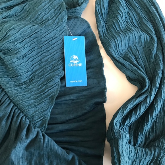 Cupshe Women’s Teal Ruffle Hem Ruched Body Con Long Sleeve Summer Dress US M - Picture 4 of 9